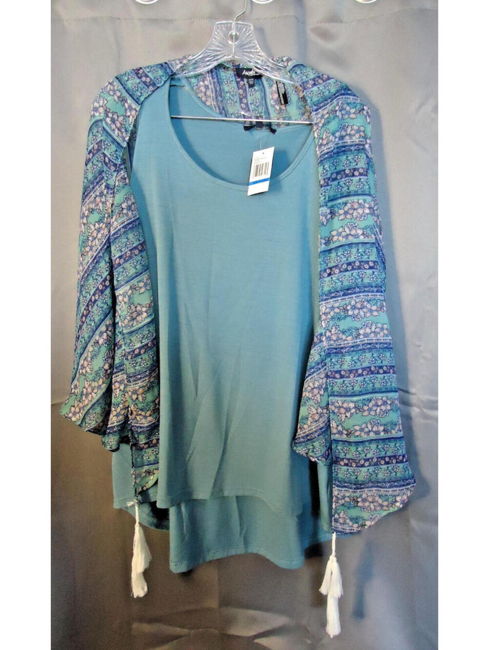 Angels Forever Young Cold Shoulder Blouse Attached Tasseled Shawl/Scarf XL Teal